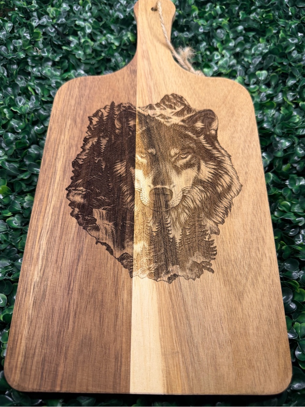 Laser-Engraved Wooden Serving Board - Wolf Design, Brown